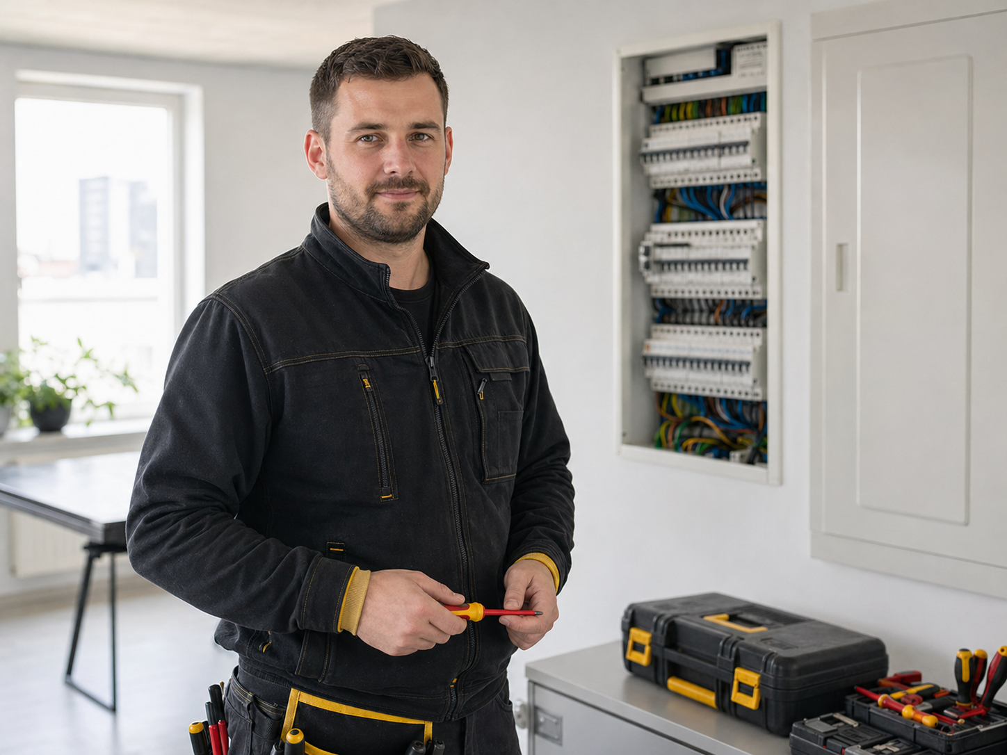 Elektrikář Voltix při práci u rozvaděče